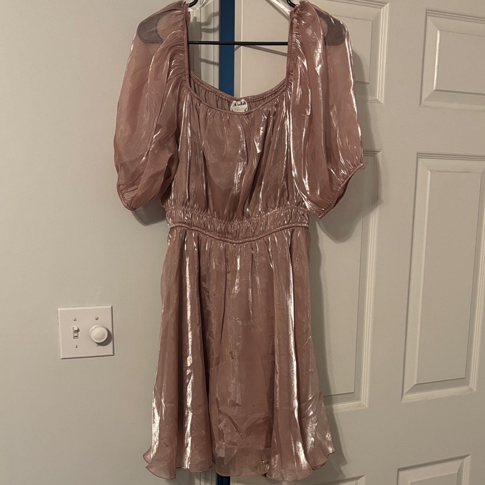 ARULA Shimmery Rose Gold Puff Sleeve Mini Dress